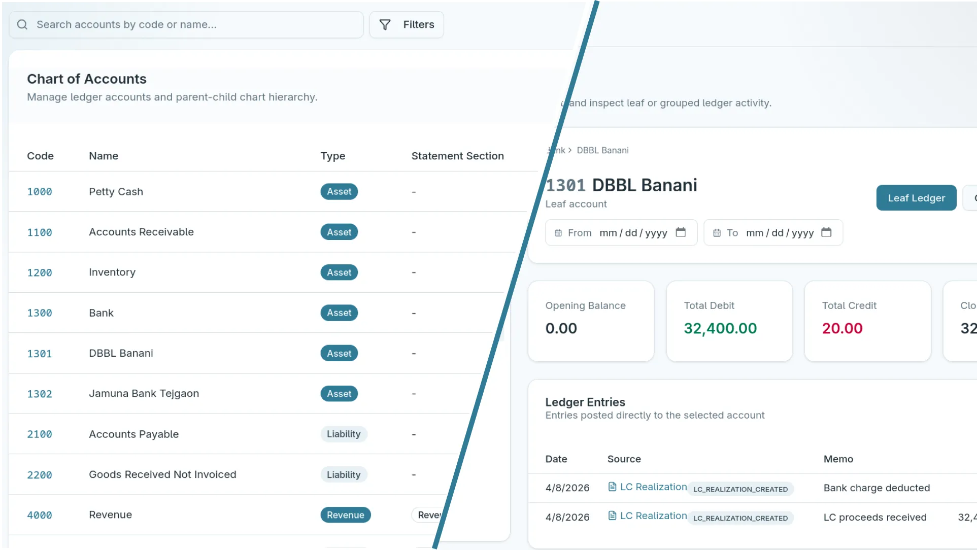 Double-entry accounting dashboard in Supply Weave